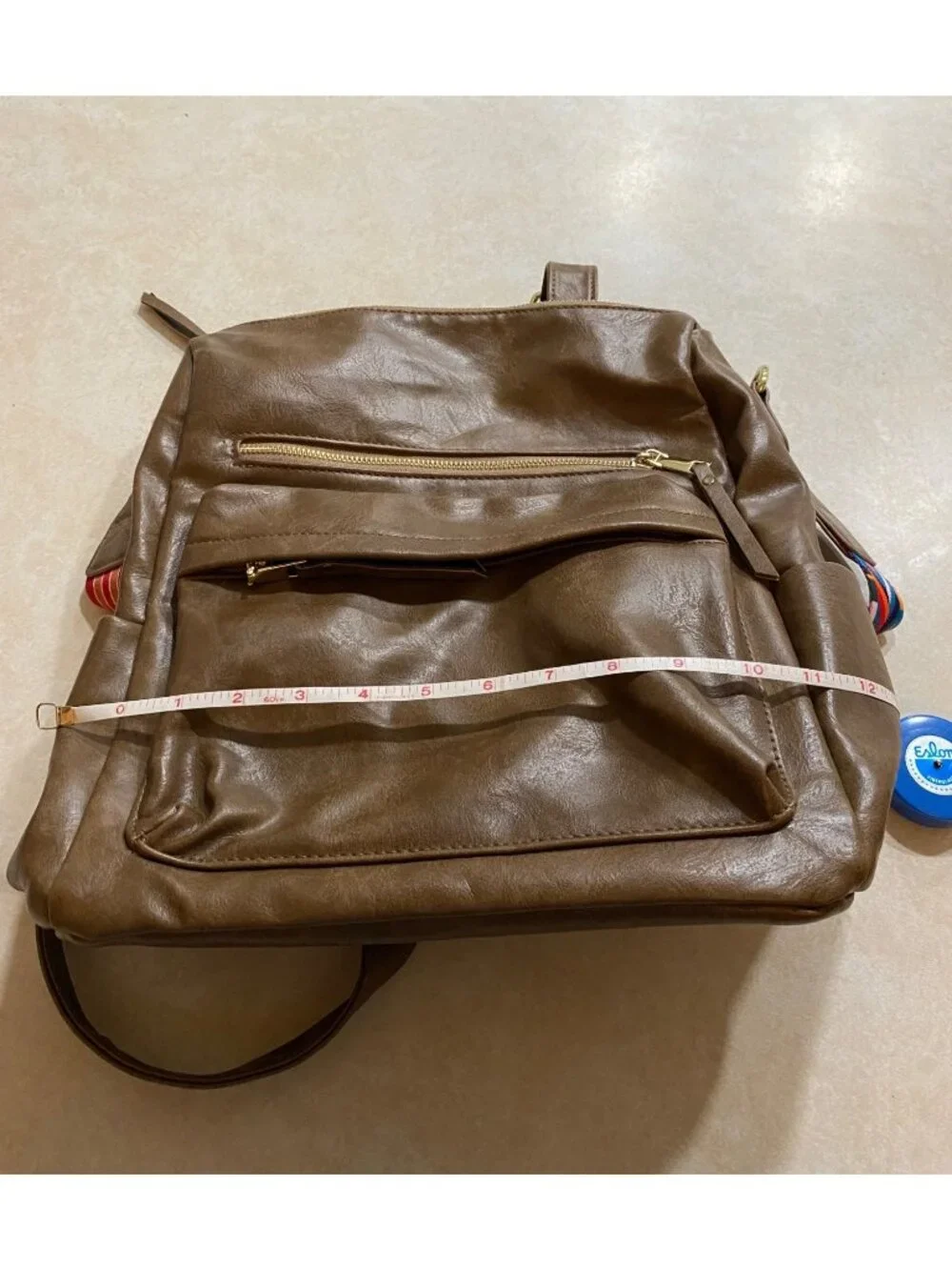 Brown Faux Leather Backpack Purse Colorful Adjustable Guitar Strap Gold Accents